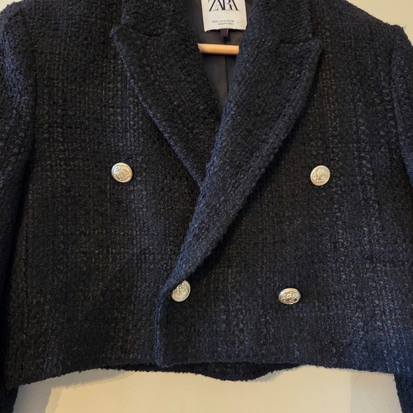 Zara Bloggers Favourite Textured Tweed Cropped Black Blazer With Gold Buttons M - Picture 7 of 12